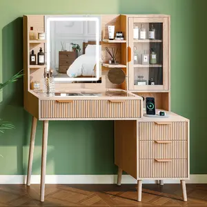 Fluted Makeup Vanity Desk with Mirror and Lights, 5 Drawers Glass Top Makeup Vanity with 10 Storage and 9-Grid Organizer, 3 Color Clear Glass Door Dressing Table with Charging Station, Natural Oak