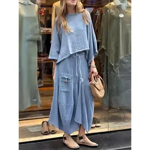 Womens PantsuitWomen's Summer Two-piece Oversized Long-sleeved Short Top And Skirt Set