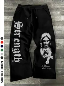 Men's Casual Sporty Long Pants, Nun Pattern Print, Drawstring Wide Leg, All Season Loose Fit, Gothic Style Men's Clothing, Letter Patched Sweatpants
