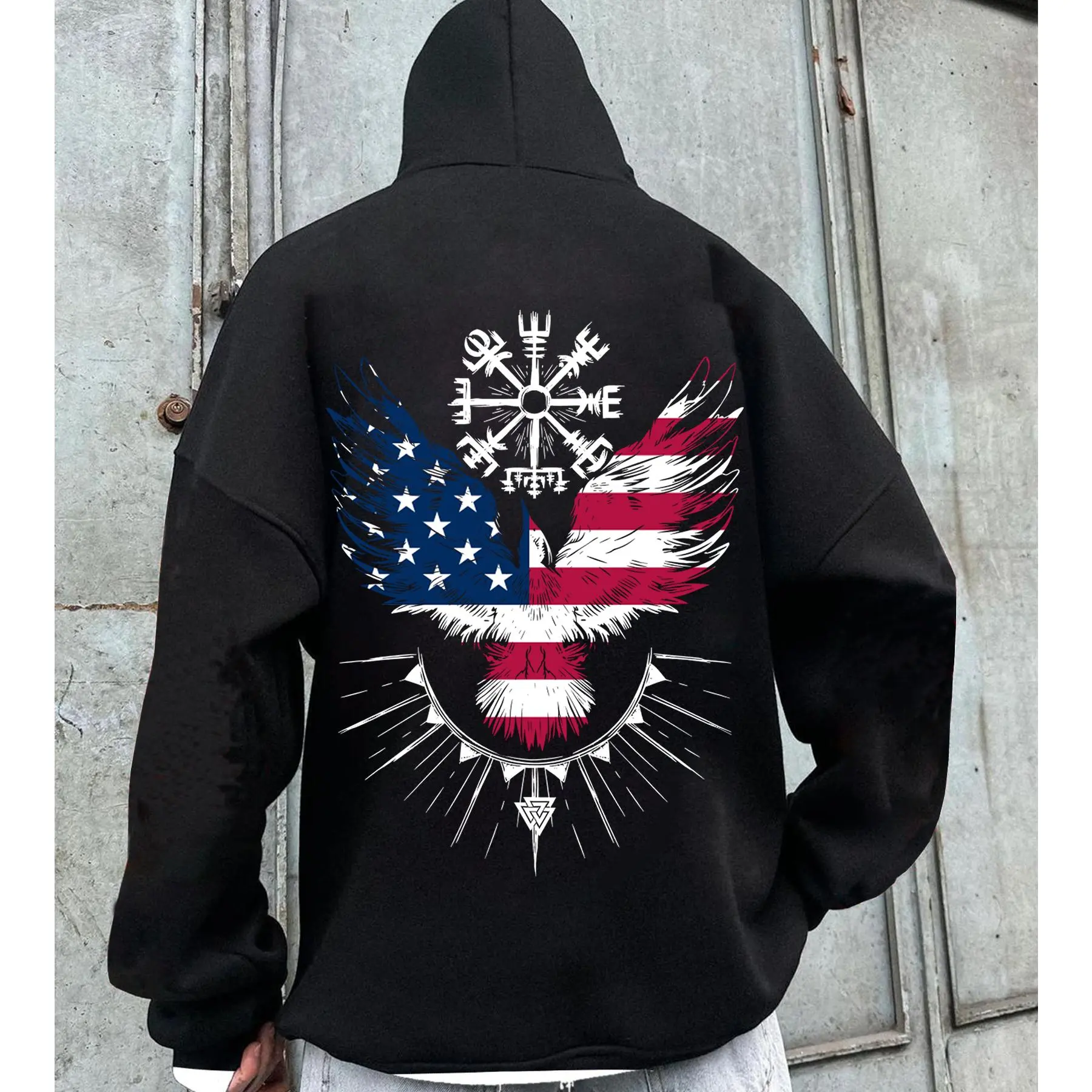 American Eagle Patriotic Hoodie for Men Women USA Flag Wing Graphic Compass Symbol Pullover Hooded Sweatshirt Vintage Streetwear Gift for Veterans Outdoor Casual