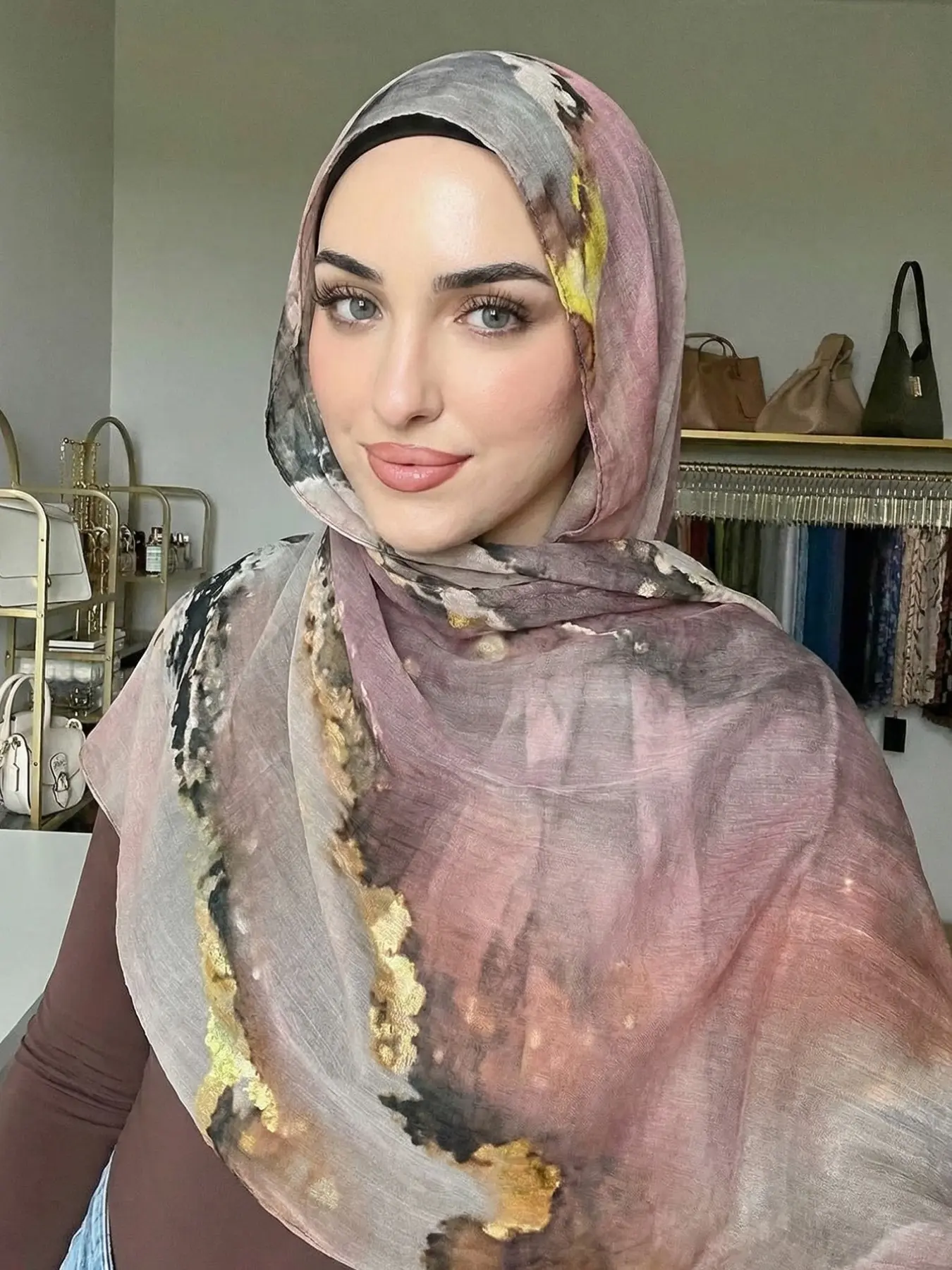 1pc ink gilt long silk scarf multi-purpose OOTD accessories bandana atmospheric headscarf light luxury decorative scarf For Muslim Hijab