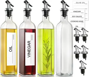 Olive Oil Dispenser for Kitchen, 4 Pack 17 fl oz Glass Oil Dispensers Bottle, Cooking Soy Sauce Bottle Container Cruet with Plastic Pourer Spout, Funnel and Labels, Clear Cover