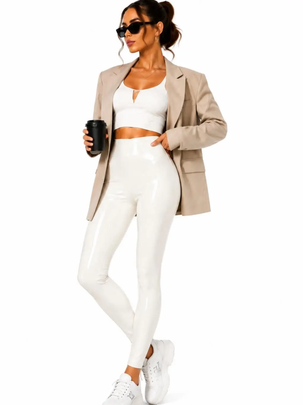 Shiny White High Rise Faux Pants for Women Non-SheerCurve Fit Stretch Trousers Rooftop Party Concert StreetwearBottoms sohochic Butt Hugging Pants Fitted WomenswearBasic