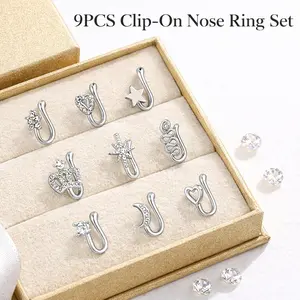 9PCS No Piercing Nose Rings Set Small Snug Fit– Gold Clip-On Fake Nose Ring, Punk CZ U-Shape Star Heart Crown, Adjustable for Men & Women
