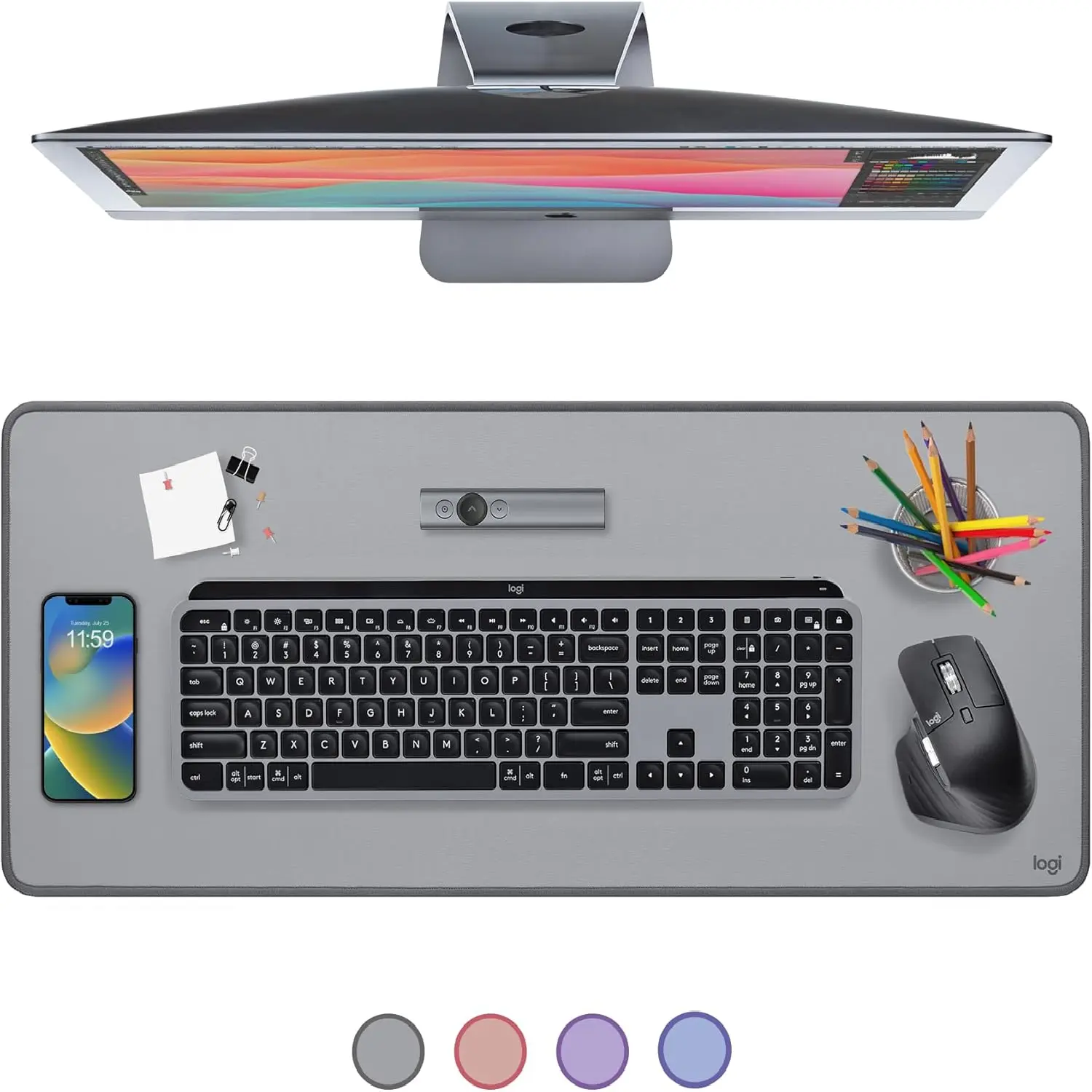 Logitech Desk Mat - Studio Series, Multifunctional Large Desk Pad, Extended Mouse Mat, Office Desk Protector with Anti-slip Base, Spill-resistant Durable Design, in Mid-Grey