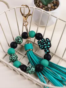 Cactus Beaded Keychain Bracelet, Cute PU Fabric Design, Choose From Three Colors, Perfect Gift for Friends & Birthdays