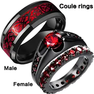 Couple Dragon Pattern Wedding Rings Set – Red Crystal Stainless Steel Matching Bands for Men & Women