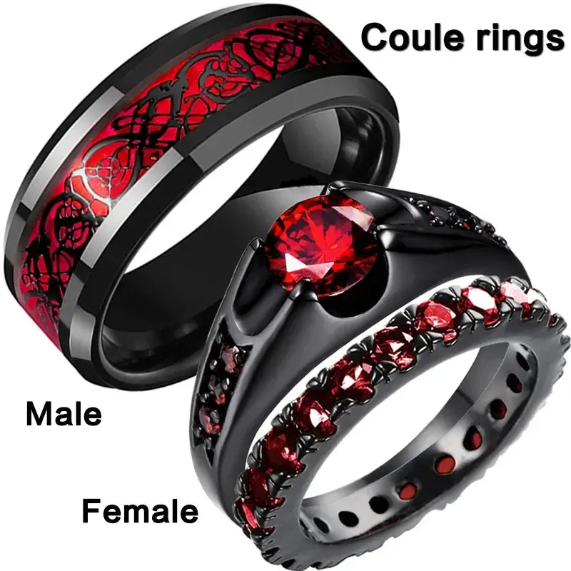 Couple Dragon Pattern Wedding Rings Set – Red Crystal Stainless Steel Matching Bands for Men & Women