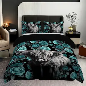 Highland Cow & Rose Print Duvet Cover Set, 3 Counts/set Including 1 Duvet Cover & 2 Pillowcase without Filler, Soft Comfortable Breathable Fabric Printed Bedding Set for Bedroom Decor