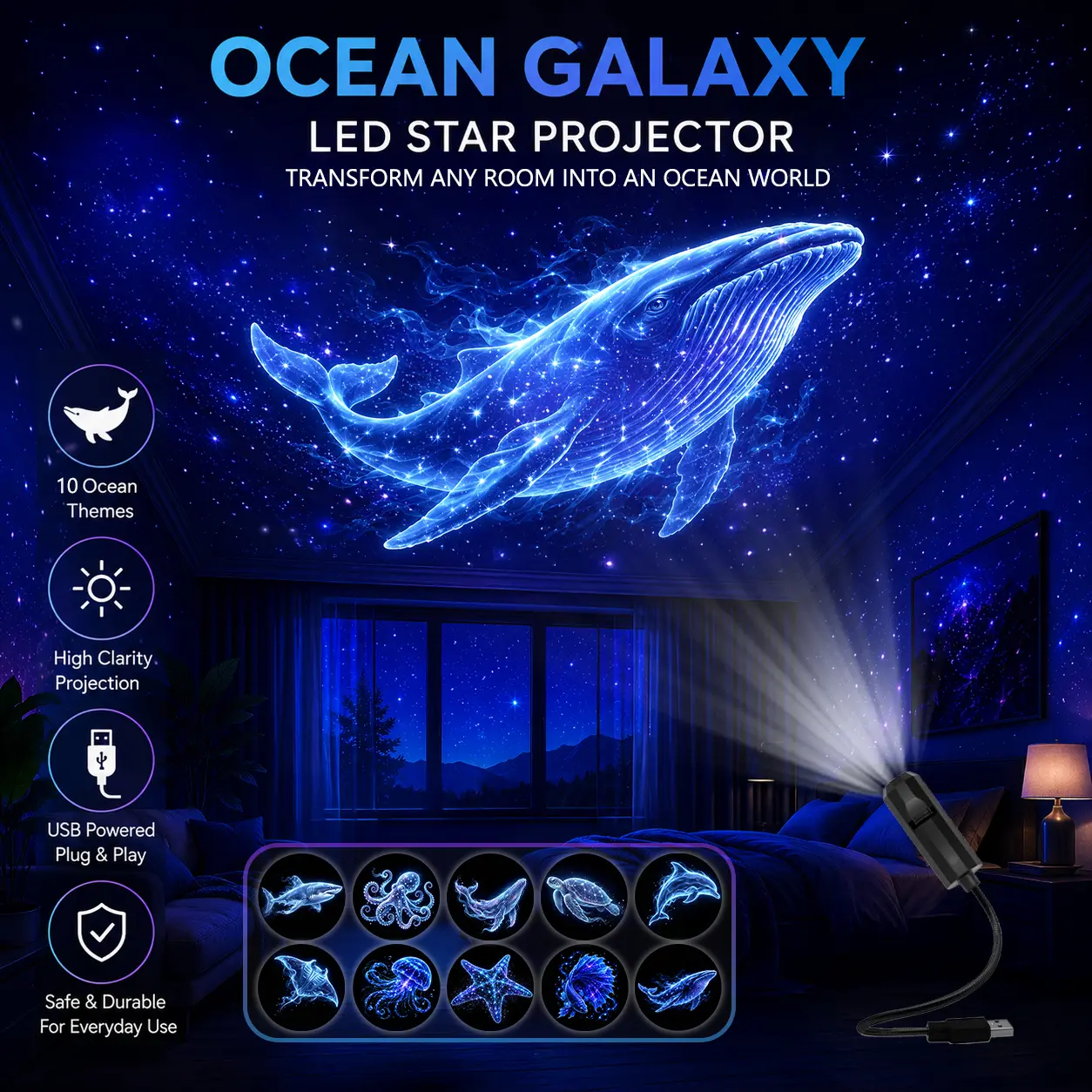 Marine Life Pattern Mood Projection Night Lights Featuring 10 marine animal designs including whales, turtles, dolphins, starfish, and jellyfish.