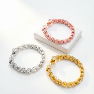 Hip Hop Luxury Style 9mm 18 20 22 24 Iced Rope Chain Bracelet Moissanite Diamond Gold Silver Rose Gold Bling Twist Rope Cuban Chain Streetwear Fashion Jewelry Trendy Clasp Design