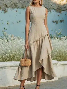 2026 New Linen Sleeveless Dress, Asymmetrical Hem Midi Dress, Minimalist Style, Summer Beach Wedding Guest Dress, French Coastal Style