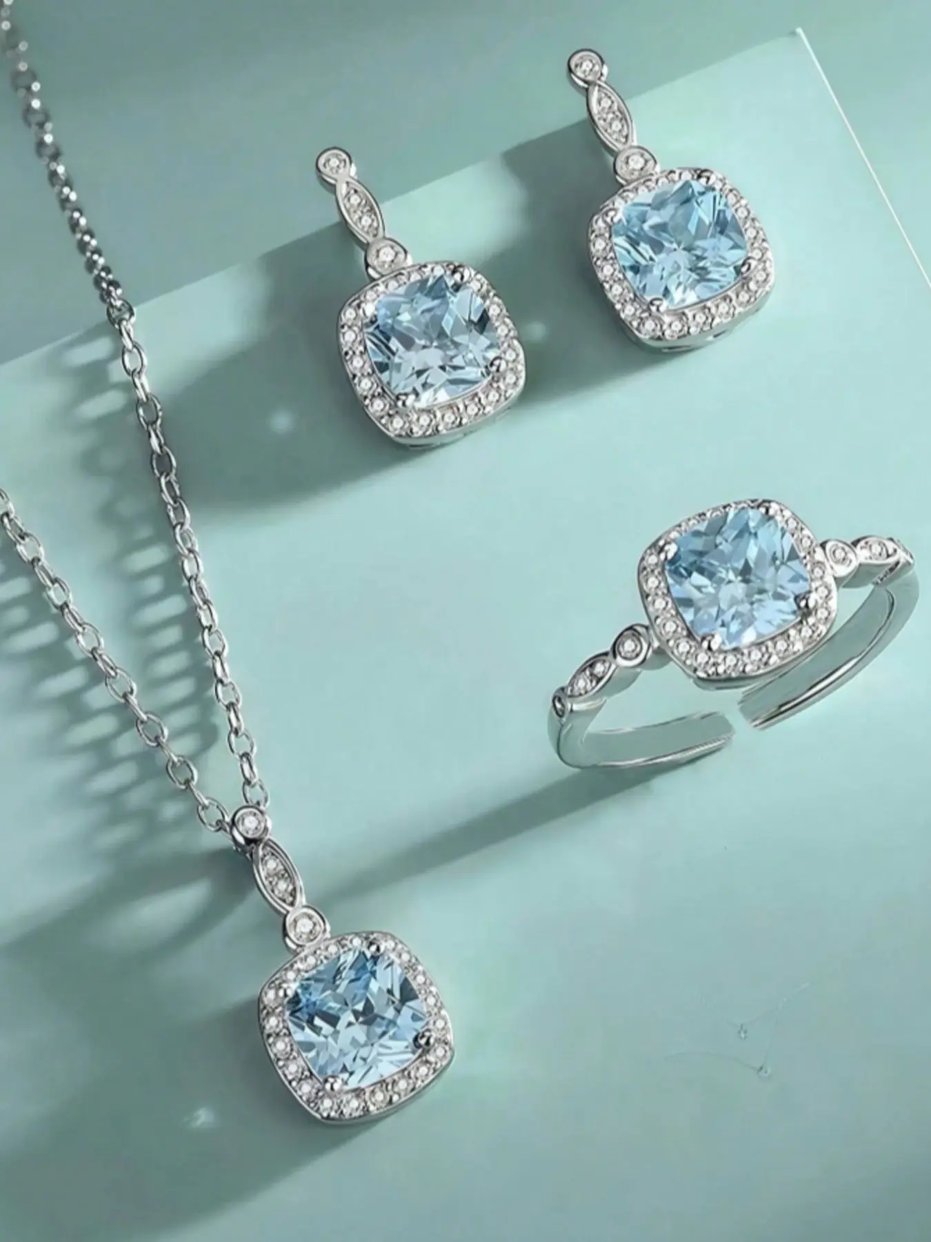 4 Piece Ocean Heart Blue Cube Jewelry Set, Necklace, Earrings, Ring, Perfect Gift for Girlfriend, Daily Wear, Special Occasions, Trendy Jewelry Set, Necklace And Earring Set