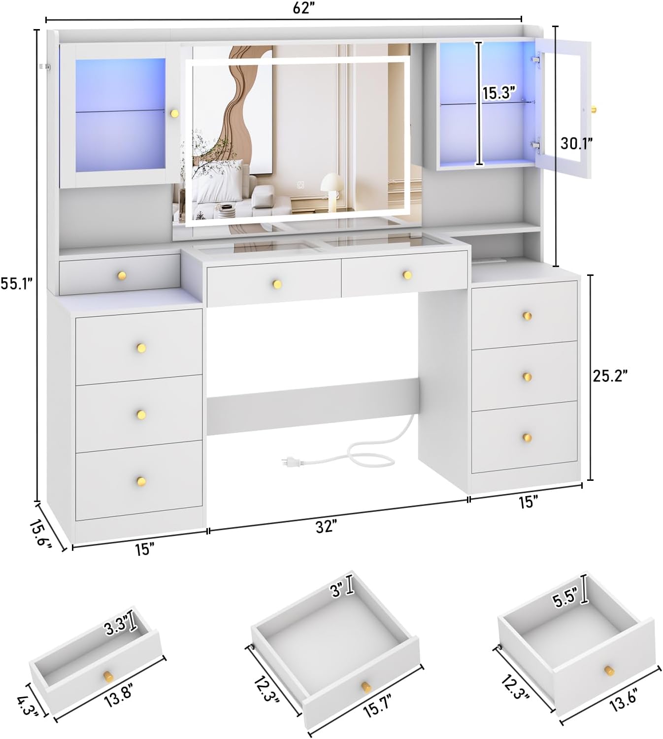 62'' Large White Vanity Desk w/ Tempered Glass Top, 60000-color LED Lights, Power Outlet, Make up Vanity w/ 3 Lights Mode LED Mirror, 9 Drawers, 2 RGB Cabinet LED Vanitys Table for Women, Girls 62'' Large White Vanity Desk w/ Tempered Glass Top, 60000-color LED Lights, Power Outlet, Make up Vanity w/ 3 Lights Mode LED Mirror, 9 Drawers, 2 RGB Cabinet LED Vanitys Table for Women, Girls