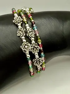 Dainty Flower Wrap Bracelet – Multi-Color Crystal Beads, Silver Floral Accents, Adjustable Memory Wire Bangle