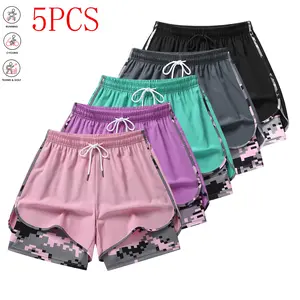 5-piece set of women’s casual athletic shorts with built-in liner, drawstring, elastic waistband; suitable for outdoor sports, fitness, running, and casual wear; women’s shorts, athletic shorts, womenswear