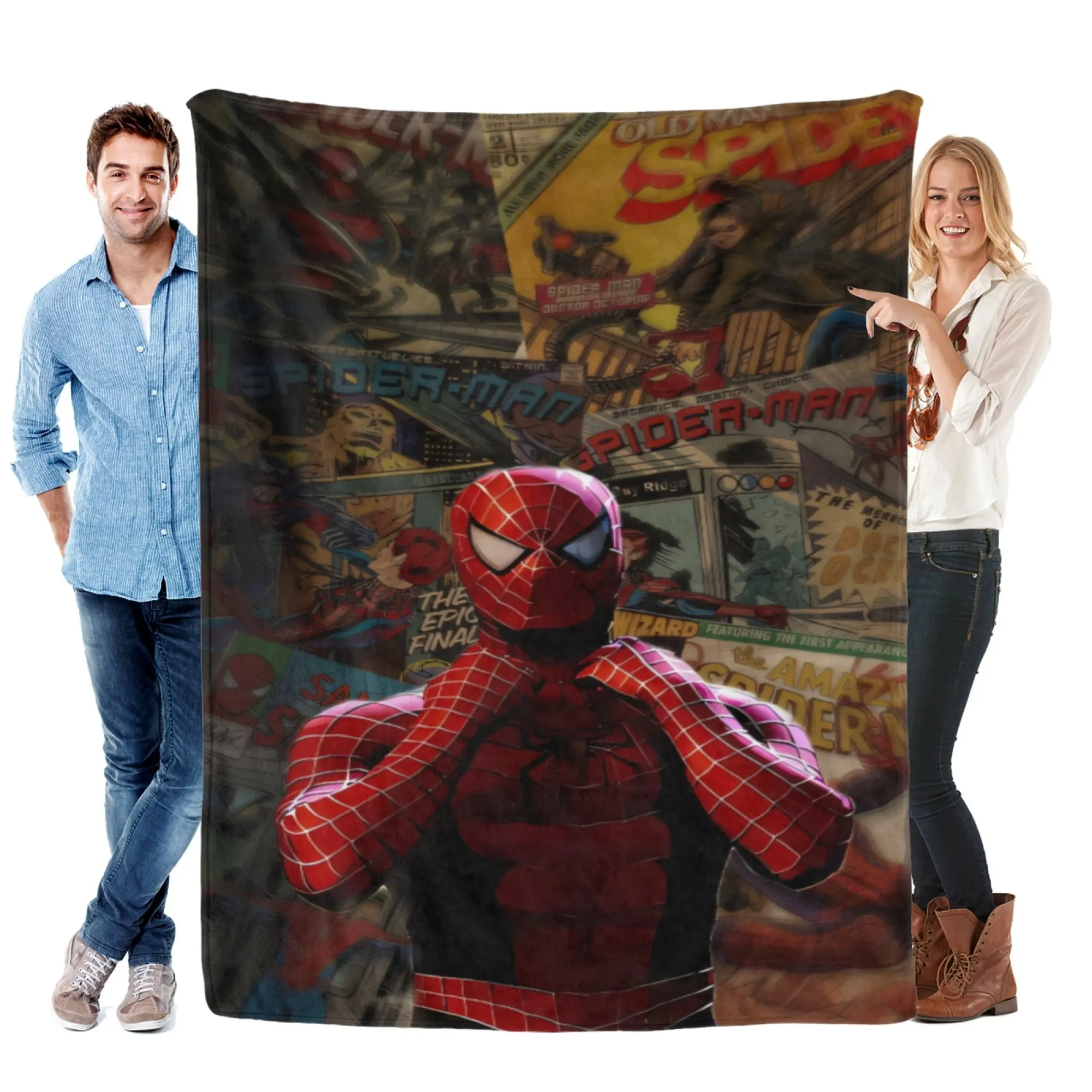 [SummerVibes] MARVEL Spider-Man Vintage Comic Collage Flannel Blanket, Soft 2D Printed Throw for Home, Couch & Comic Fans