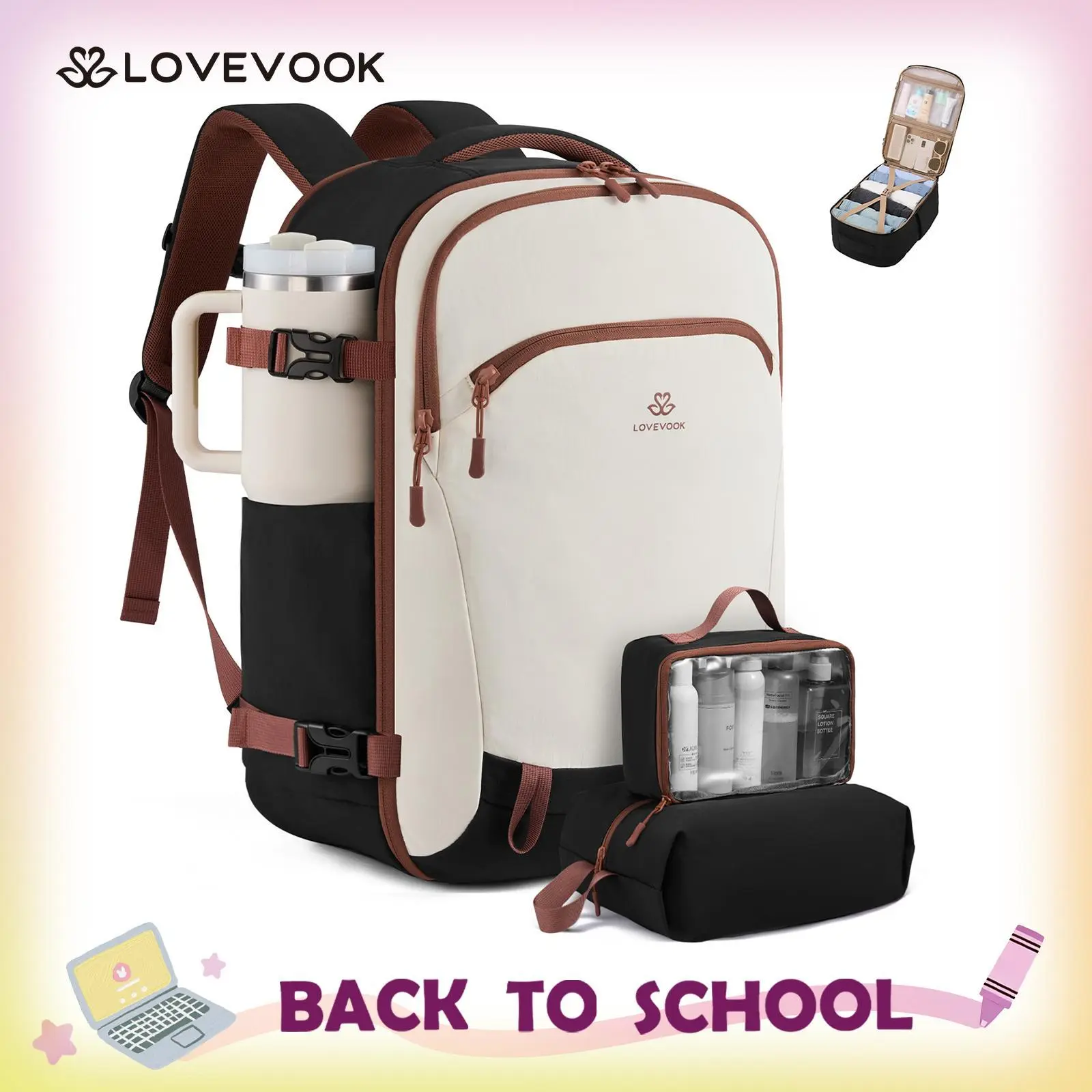 LOVEVOOK 40L&50L Travel Backpack for Women, Airline Approved Carry On Backpack with 2 Packing Cubes, Waterproof Personal Item Bag Fits 17" Laptop, TSA Traveling Essentials Weekender Overnight Backpack