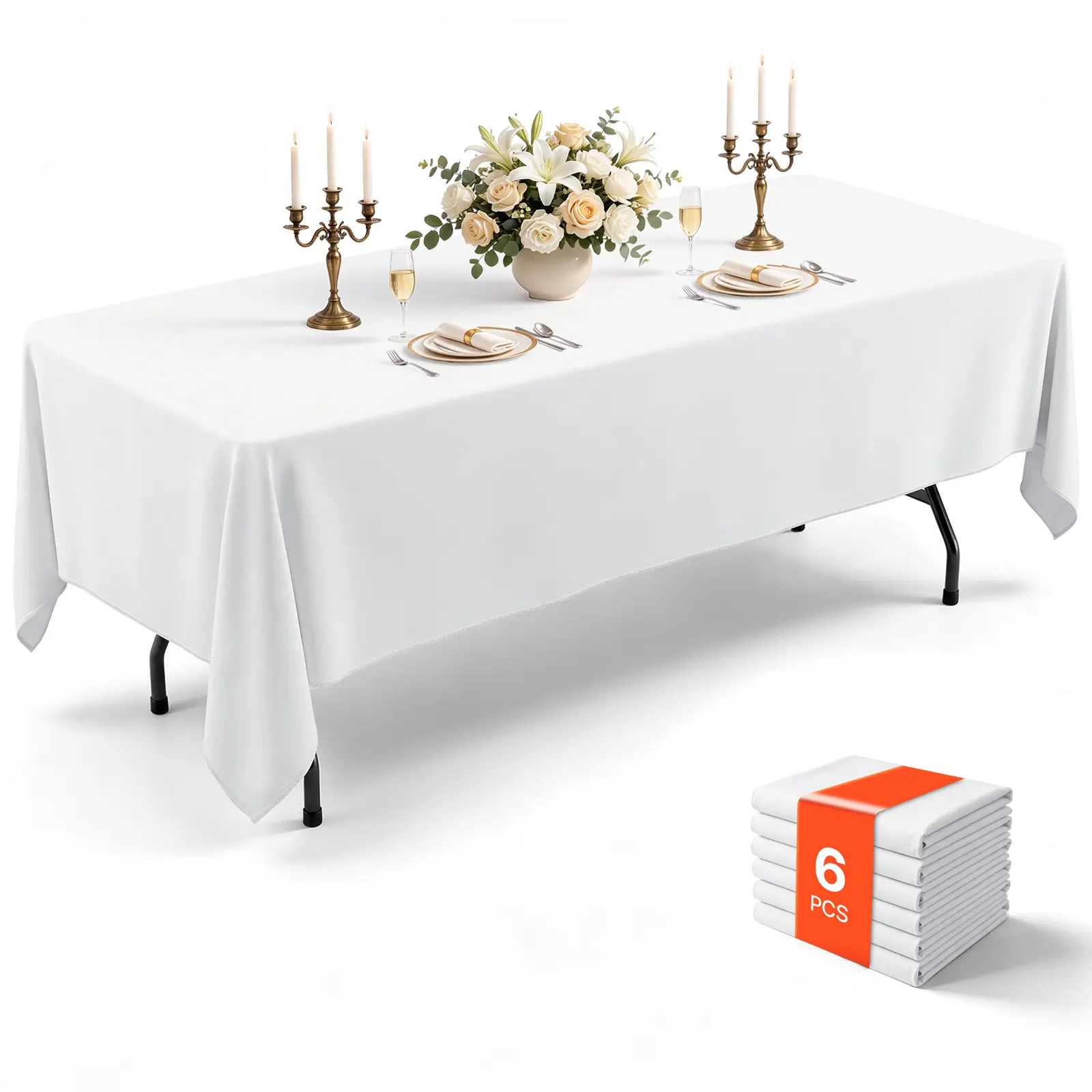 VEVOR Rectangular Tablecloths, 60 x 102 in 6 Pack, White Polyester Covers, for Party Wedding Banquet Festival, Washable, Reusable Table Cloth with Brushed Fabric, Neat Hems, Smooth Drape