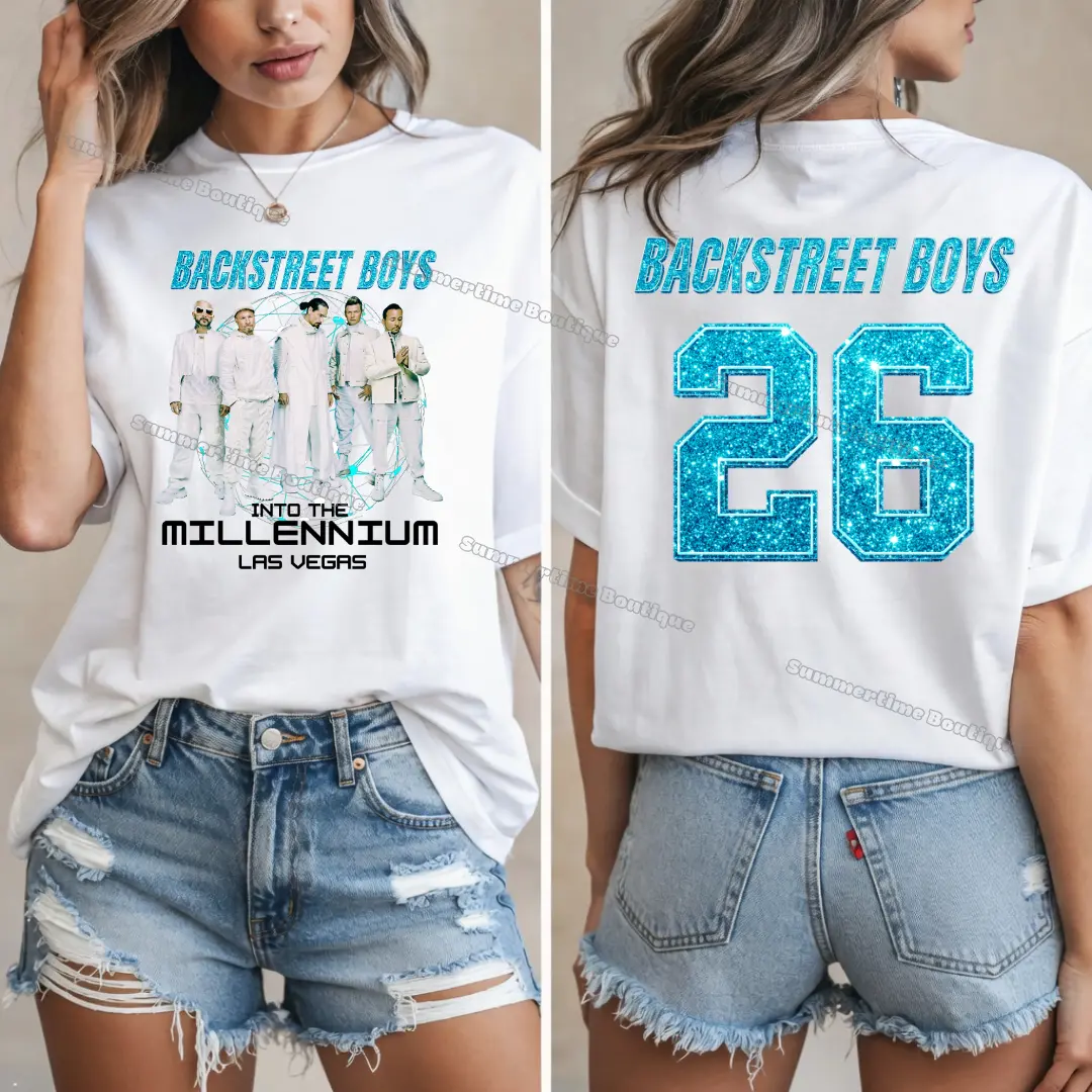 Backstreet Boys 2026 T shirt, 90s Pop Music BSB Shirt, Faux glitter print effect, Into The Millennium Las Vegas Retro Sphere Graphic Tee, Casual Y2K Streetwear Apparel Gift