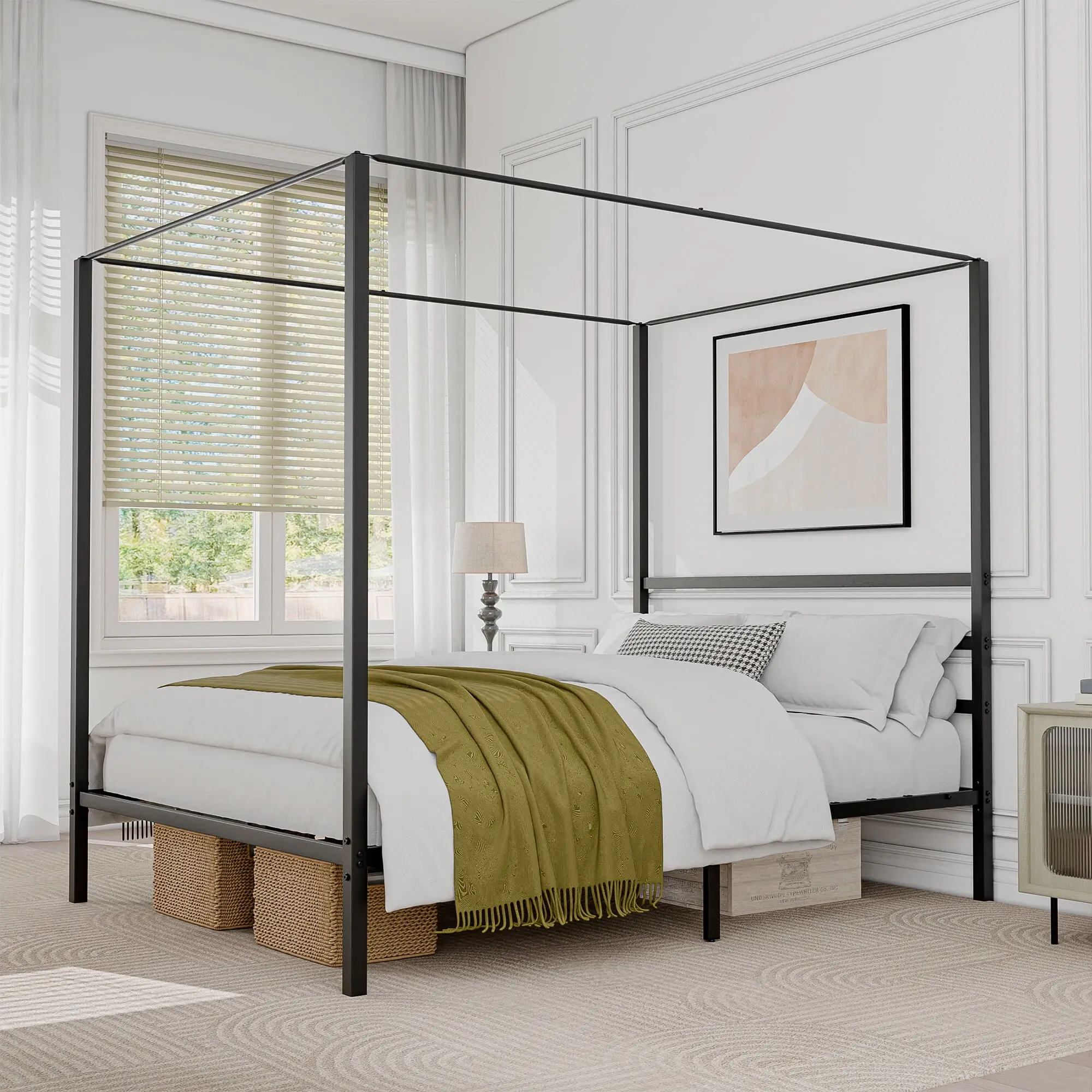 Segawe Queen Size/ Full Size Bed Frame – Sturdy Metal Canopy Bed Frame with Built-in Headboard, 4 Posters, Upgraded Slats, Supportive Central Legs, Convenient Storage, No Box Spring Needed, Black, Bed Frames