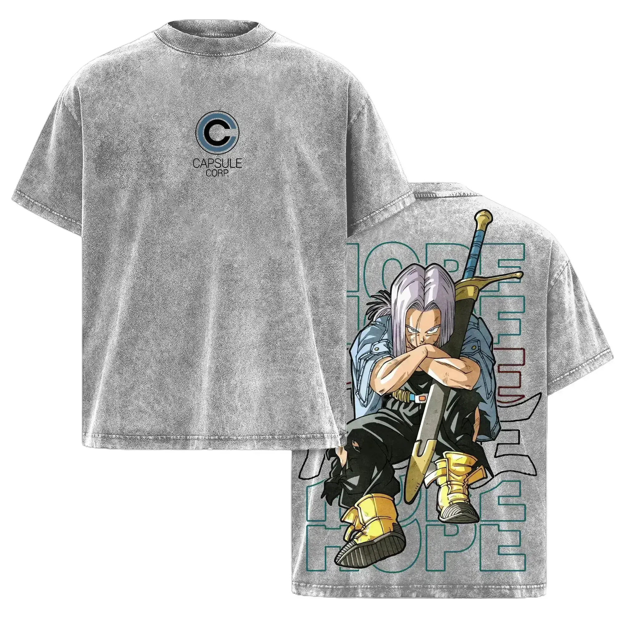 Future Trunks Vintage Washed Graphic Tee Unisex DBZ Capsule Corp Streetwear Anime T Shirt Saiyan Warrior Apparel Gift for Dragon Ball Fans Acid Wash Cotton Y2K Clothing Trendy Japanese Manga Merch For Men Women
