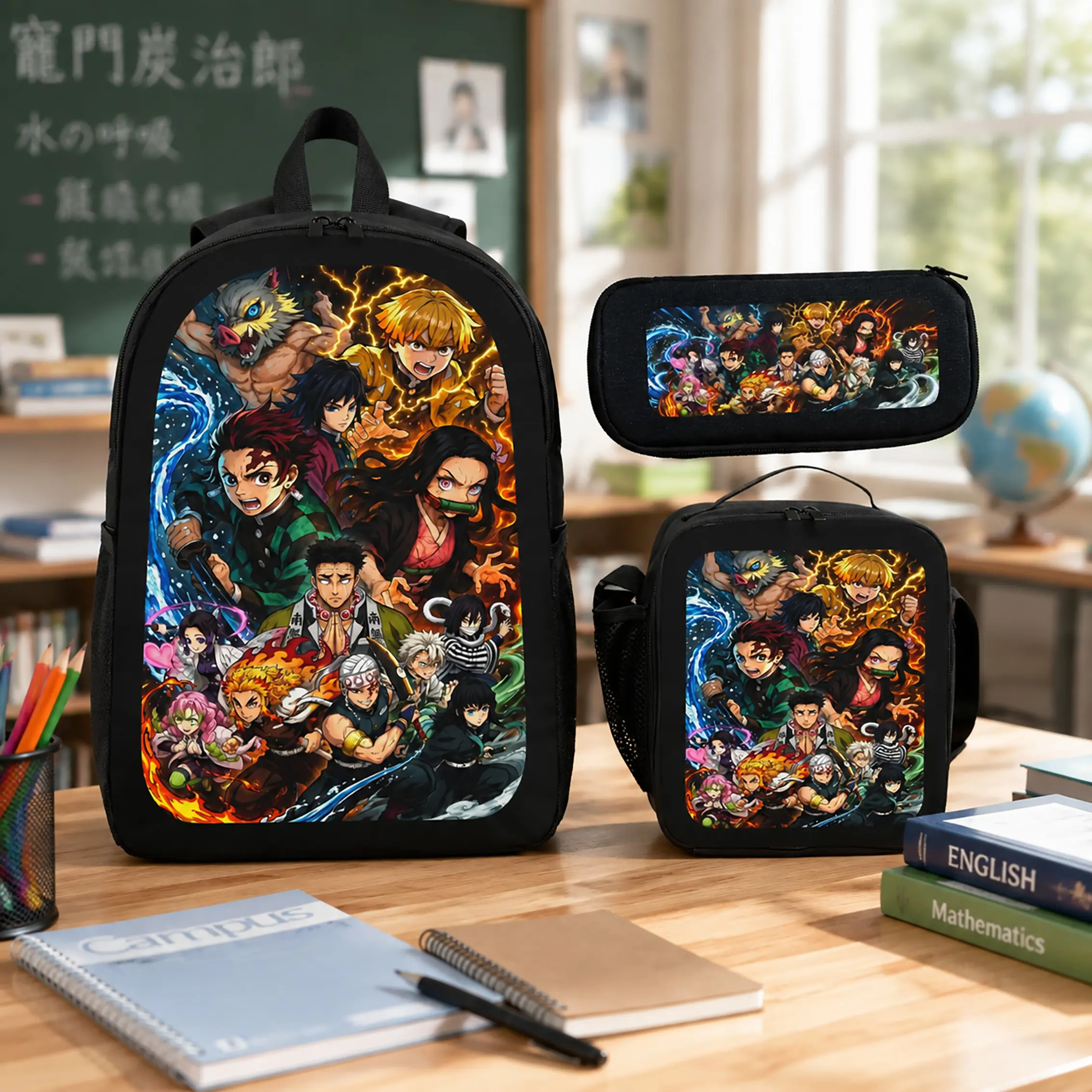 Demon Slayer Backpack Set Durable Polyester 3 Piece School Bag Lunch Bag Pencil Case Large Capacity Lightweight Bookbag For Back To School Elementary Classroom Travel Boys Girls Kids Teens Students Anime Fans Birthday Gift TK（） 25TK，（250），（150）