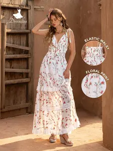 Boho Style Adjustable Thin Strap Lace Trim Floral Print Spring Dress, Casual Daily Wear, Weekend Vacation, Beach Walk, Country Stroll, Picnic