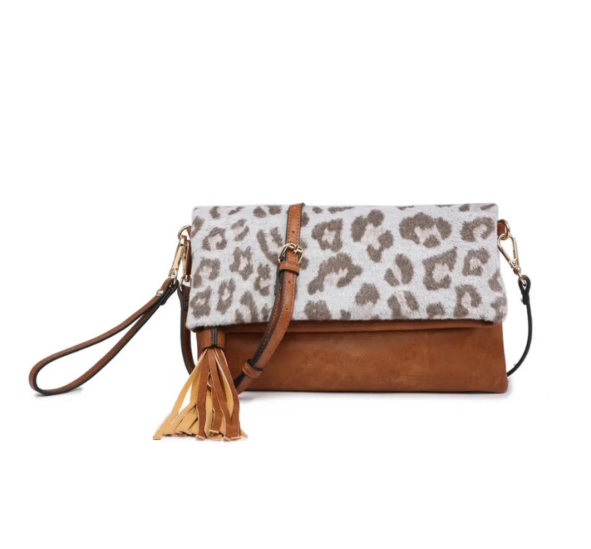 Austin Flapover Tassel Crossbody/Clutch- Cheetah Light Grey