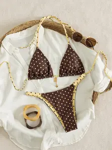 Elegant Contrast Lace Bikini Set, Soft Padding Polka Dot Halter Tie Back Bikinis, Summer Beach Fashion for Women, Casual Style All Seasons