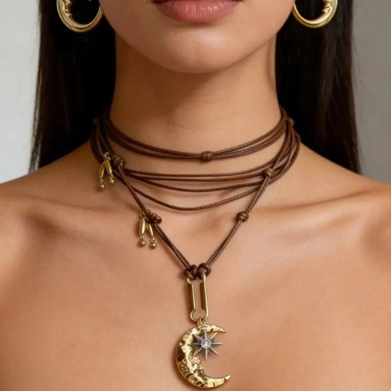 Bohemian Moon and Star Choker for Women - Multi-Layer Brown PU Leather Cord, Hammered Crescent Pendant with Crystal Star Accent, Adjustable Tassel Beads, Vintage Y2K Festival & Beach Accessory, 10×10×8cm, 30g