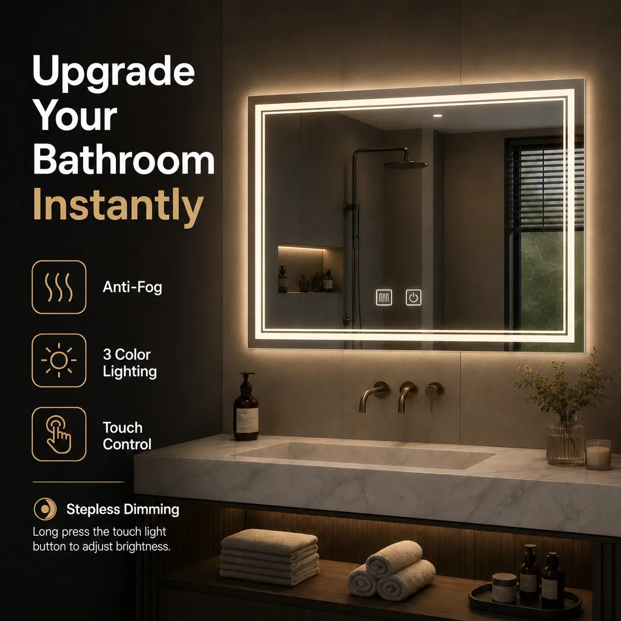 Smart LED Bathroom Vanity Mirror - Anti-Fog Wall-Mounted Modern Slim Square Mirror with Touch On/Off Control, Stepless Dimming, 3 Color LED Lights for Bathroom Upgrade Home Decor