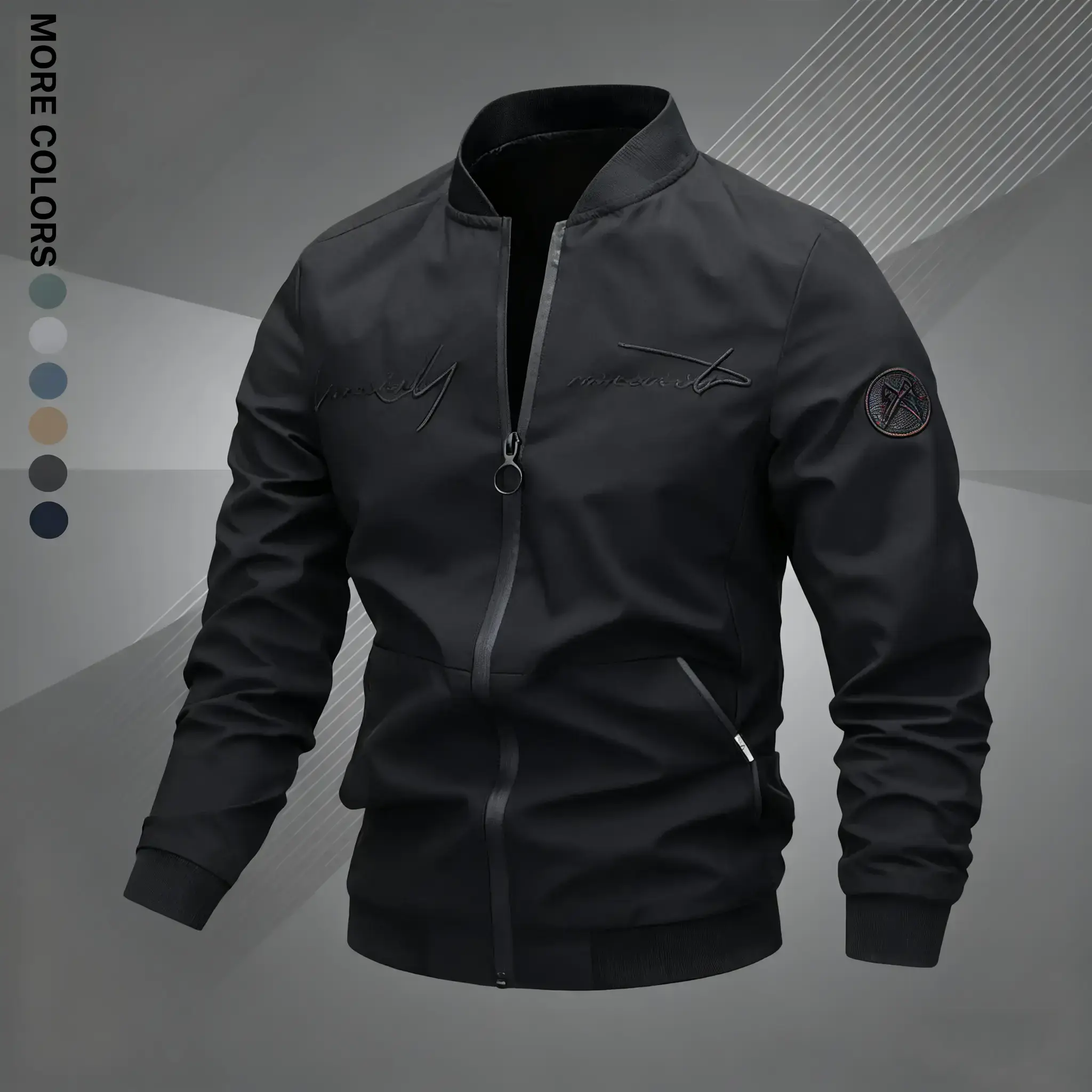 Men's Fitted Pilot Jacket with Letter Embroidery, Casual Long Sleeve Polyester Zip-Up Sports Outerwear, Tops, Menswear