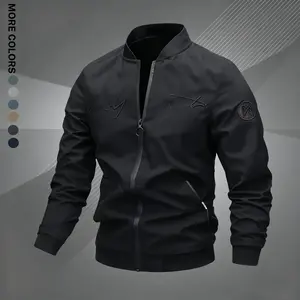Men's Letter Embroidered Pilot Jacket - Long-Sleeve, Fitted Cut, Zipper Front, Casual Baseball Collar, Polyester Sports Outerwear, Versatile Menswear for Spring, Autumn