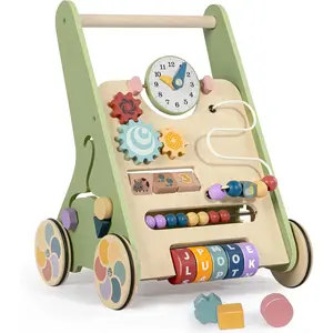 Wooden Baby Walker with Wheels, Push Walker for 12 Months Baby Boy, Sit to Stand Baby Activity Center Small Size Walker