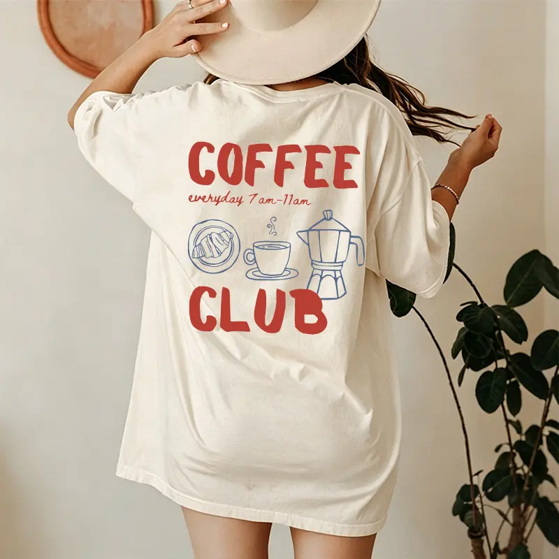 Women's Casual Round Neck Short Sleeve Solid Cotton T-Shirt - Vintage Minimalist Design, Coffee-Art Graphic, Breathable Baggy Clothes, Daily Ootd Everyday Wear, Unisex All-Seasons Lightweight XS Top