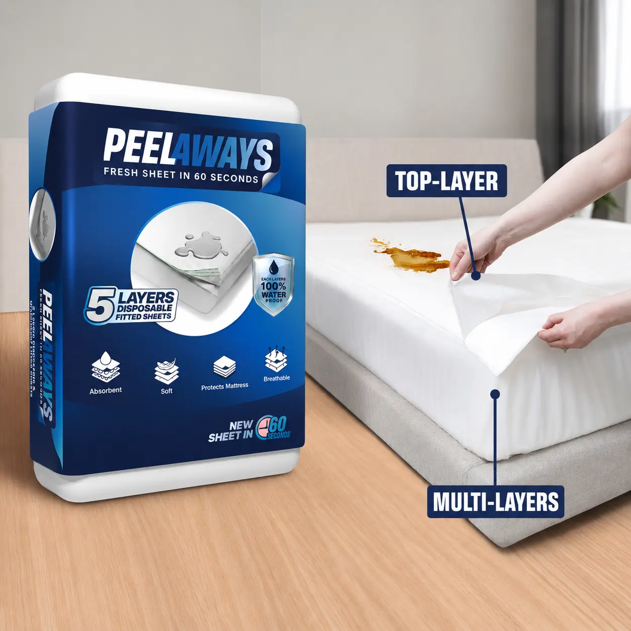 PeelAways Mattress Protector Waterproof Disposable Sheets | Fitted Bed Pads for Incontinence, Bedwetting, Elderly & Pet Care | Multi-Layer Absorbent Protection | Crib to King Size