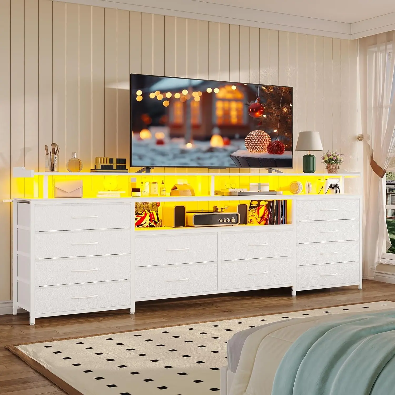 HAUOMS TV Stand Dresser for 65 Inch TV, 63" W Dresser with LED Lights & Charging Station, White Long Dresser with 12 Fabric Drawers, Entertainment Center with Shelves,for Living Room