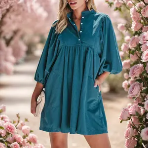 Asvivid Womens Fall Fashion Corduroy Snap Buttons Empire Waist Bracelet Sleeve Plain Dress with Puff Sleeves Casual Dresses Autumn Clothes