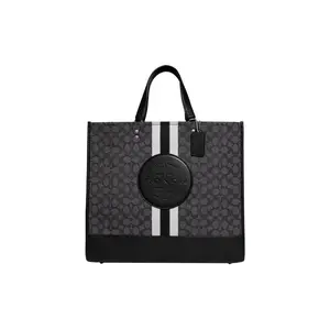 Coach Dempsey 40 Classic Monogram Jacquard Caramel Canvas and Leather Tote Bag for Women, Large, Black