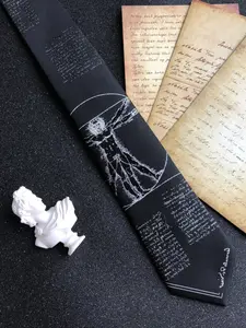 Unique Uomo Vitruviano Leonardo da Vinci Embroidered Skinny Tie, Wedding, 2400 Needle Jacquard Woven, Painting Embroidery, Silvery Thread Details, Men's Luxury Accessory, Gift Box included