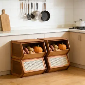 4 Pcs Bamboo Storage Organizer | Modern Stackable Cabinet With Reversible Doors, Ideal For Living Room, Bedroom, Office - Wood Color, Floor Mount