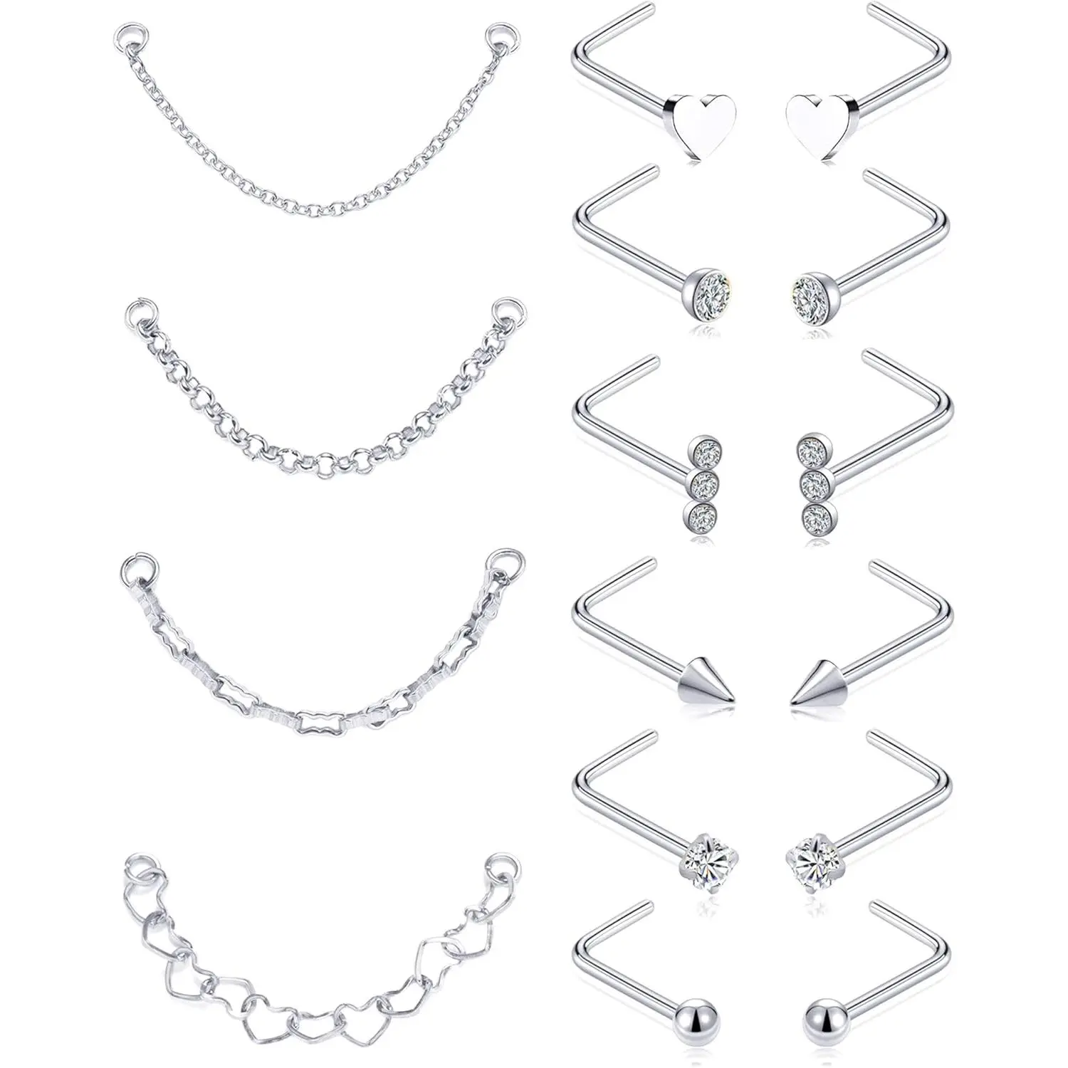 Nose Chain Piercing Across Double Nose Stud Chain CZ Heart Ball L Shaped Nose Chain(3.8CM-4.2CM) Nostril Piercing  for Women Men 20G   Tone