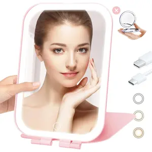 Travel Mirror with Light, Rechargeable Portable Makeup Mirror with Battery-Powered, LED Lighting, Dimmable Touch Screen Vanity Lighted Mirror