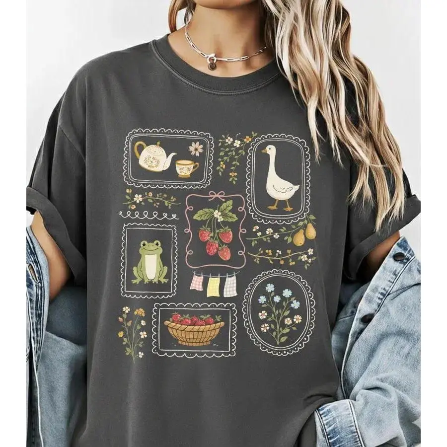 Women's Heavyweight T-Shirt in 100% Combed Cotton | Cottagecore Goose Frog Graphic Print | USA Made Gardening Gift, Round Neck