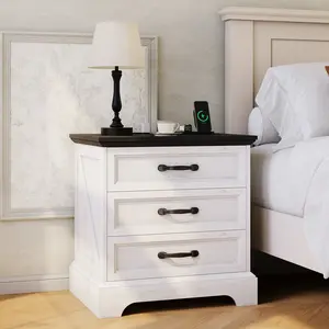 Modern Farmhouse Wood Nightstand with Charging Station, 24" Wide Rustic Bedside Table with 3 Large Drawers & Storage Cabinet, White End Table for Bedroom, Living Room, Small Space