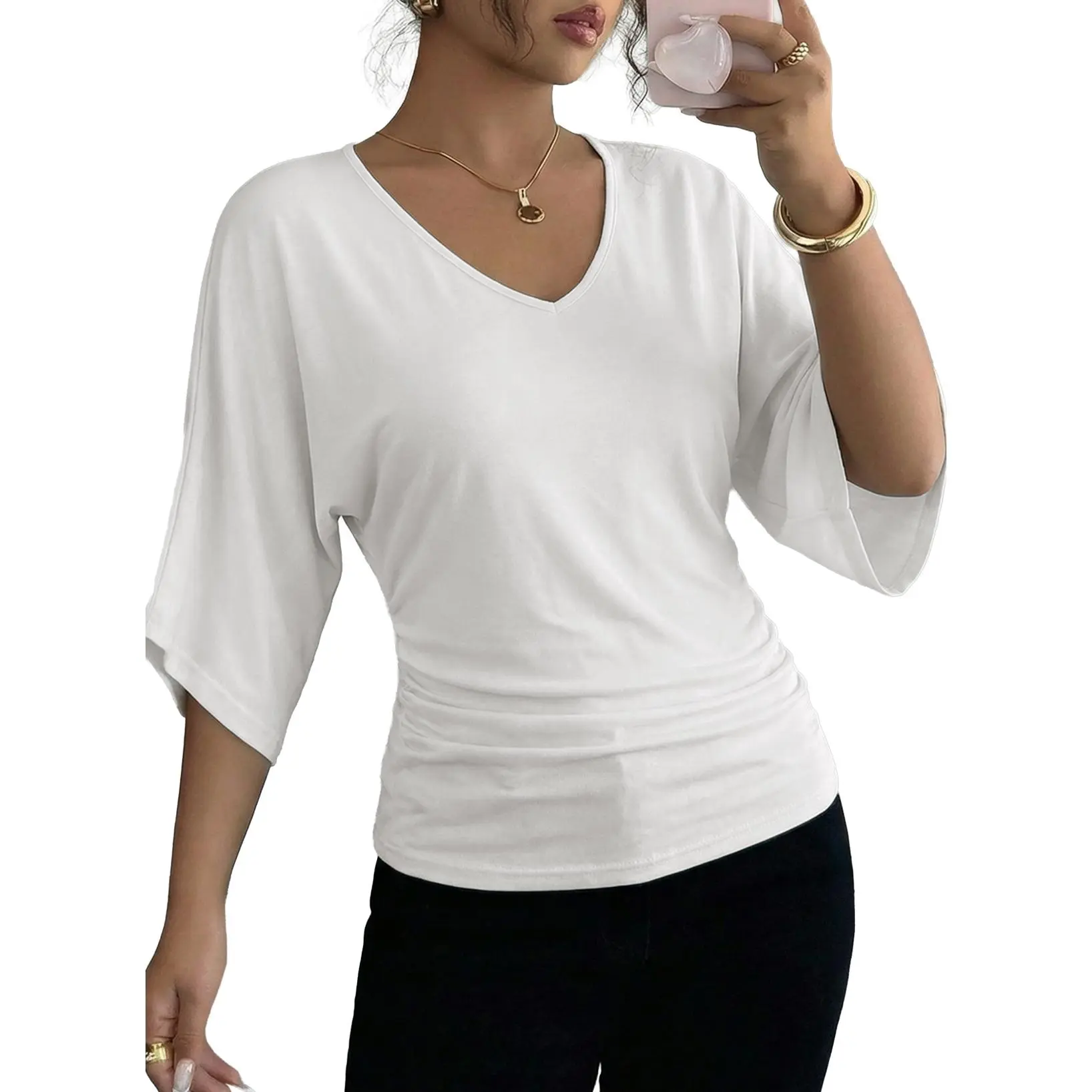 EVALESS Women's Chic Cute Blouse - Ladies' Dressy Casual V-Neck Top with 3/4 Batwing Half Sleeves, Ruched Details, Solid Breathable Lightweight Shirt for Business Work (blouses for women)