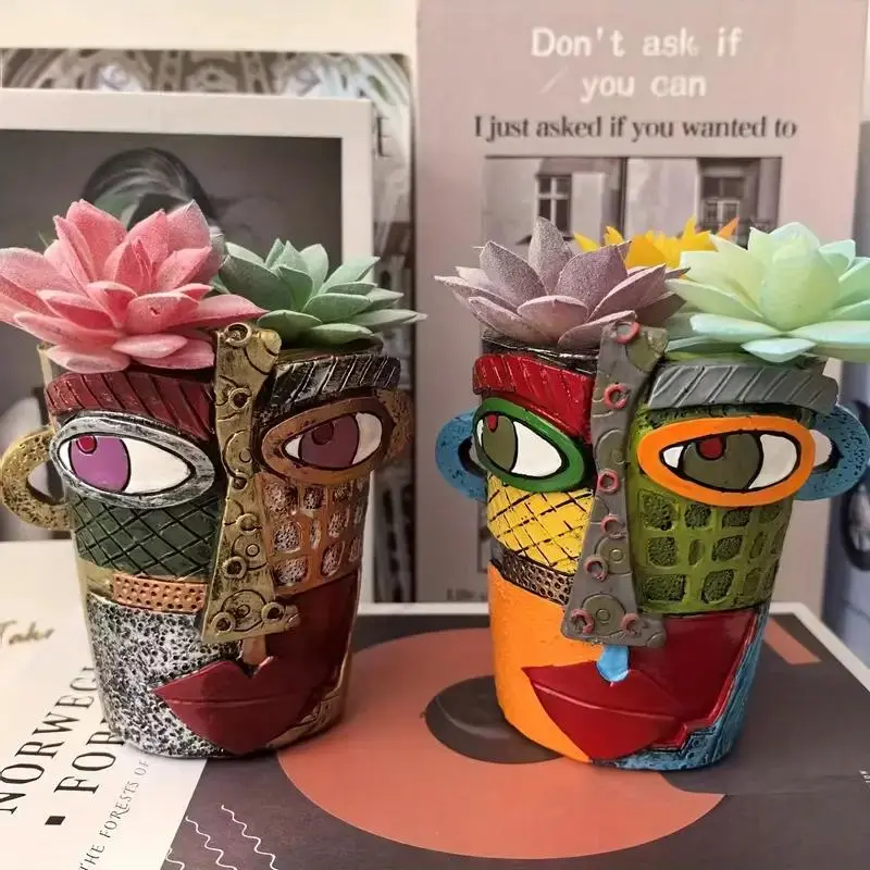 Colorful Abstract Face Resin Planter, Resin Flower Pot, Unique Succulent & Plant Pot, Garden Pot & Planter, Decorative Garden Planter for Balcony Decor, Unique Pots, Pot For Plants