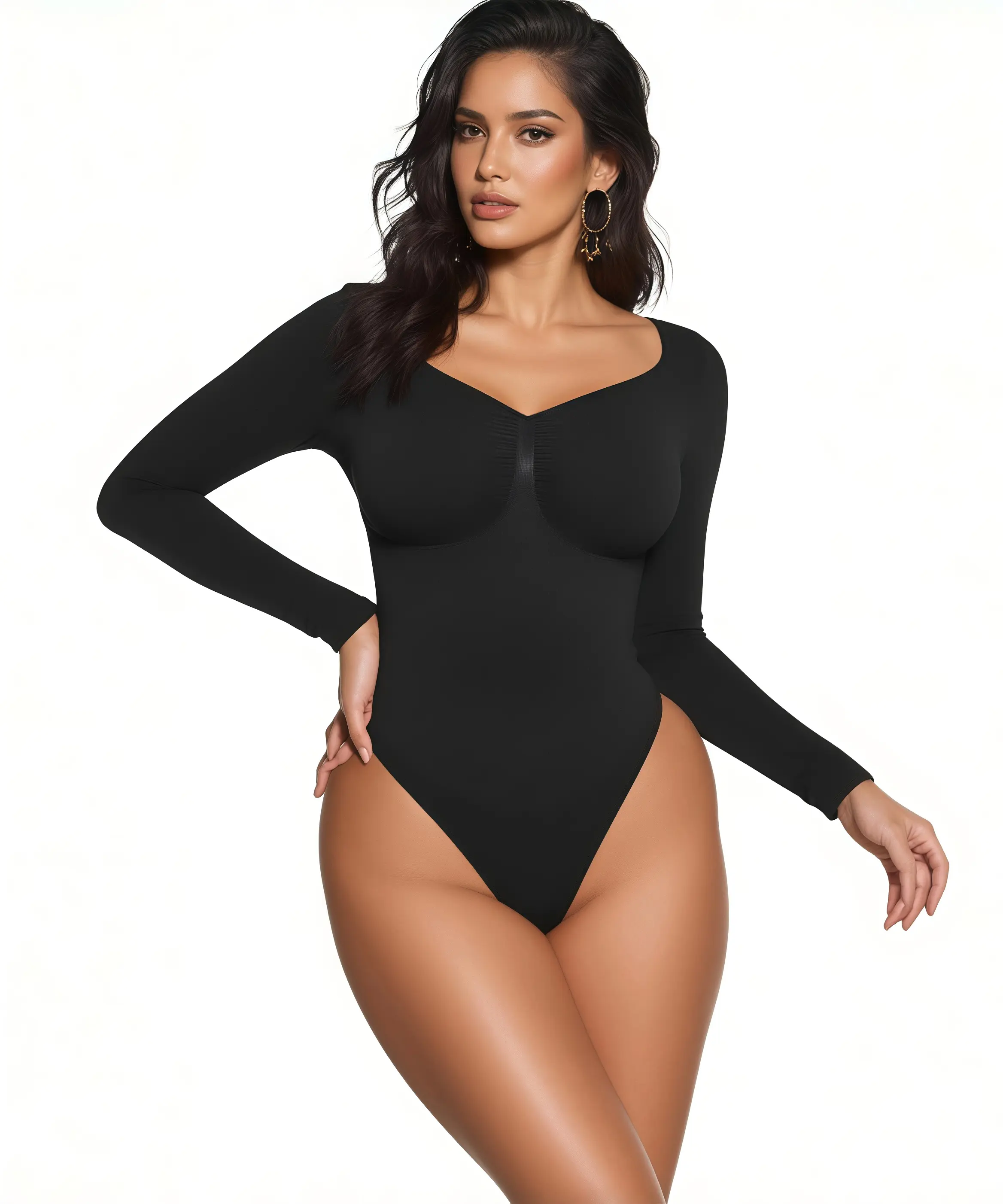 Women's Shaping Bodysuit, Seamless Long Sleeve V-Neck Top with Tummy Control, Arm Shaper, and Hook & Eye Thong Bottom, Lightweight, Wedding, Bridal Lingerie, Body Contouring, 3/4 Coverage, Hook And Eye, Plain