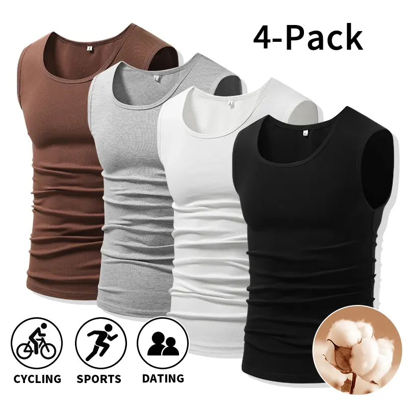 Minimalist basic outfits, date looks, light workouts, and casual commutes | 4-pack multicolor rotation set, classic U-neck slim-fit sleeveless undershirts, skin-fitting base layers, layerable inner tops, breathable and comfortable High Elasticity